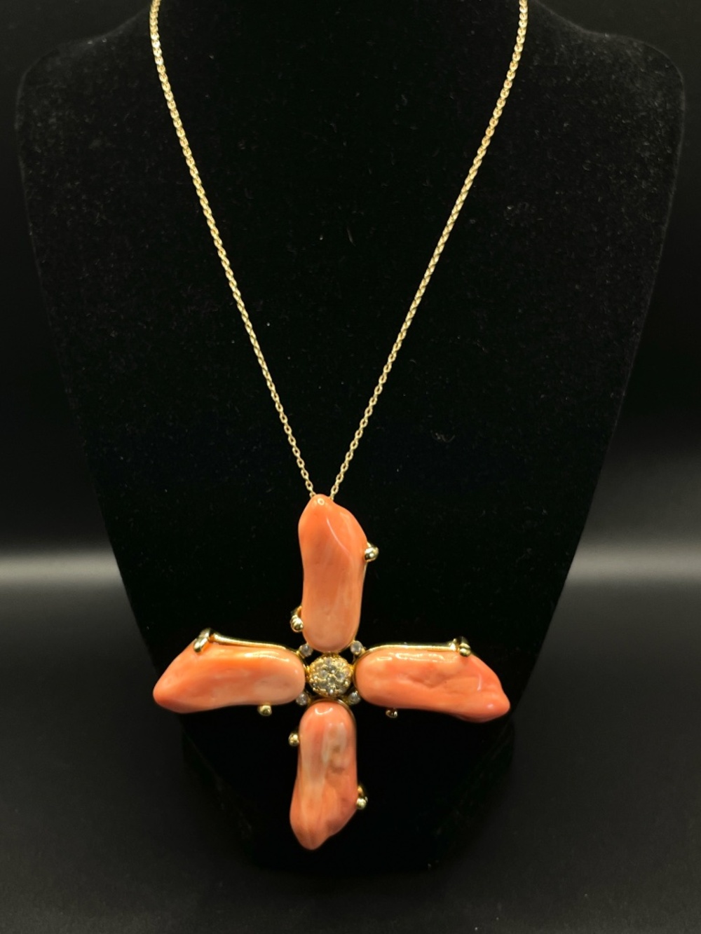 Made in Italy Signed Coral Cross Pendant Necklace.